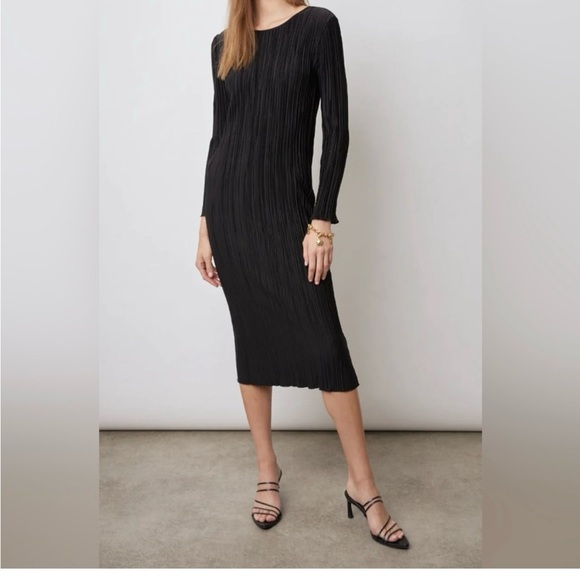 Rails Jordy Women Plisse Pleated Midi Black Long Sleeve Dress Size Medium - Picture 2 of 6